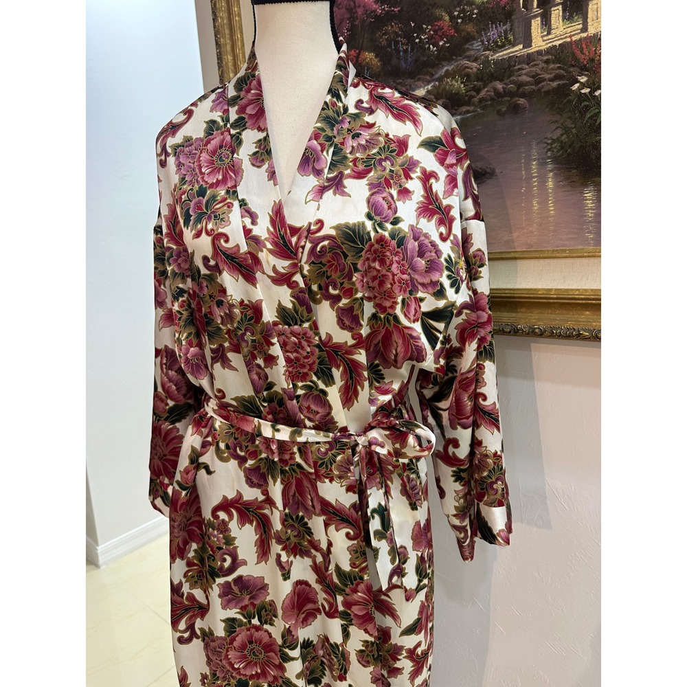 Dentelle Vintage Floral Maxi Robe Satin Wrap Long Kimono Made in USA Large - Picture 9 of 10